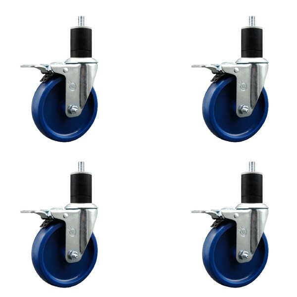 5'' Solid Poly Swivel 1-3/4'' Expanding Stem Caster Set Total Lock Brake, 4PK